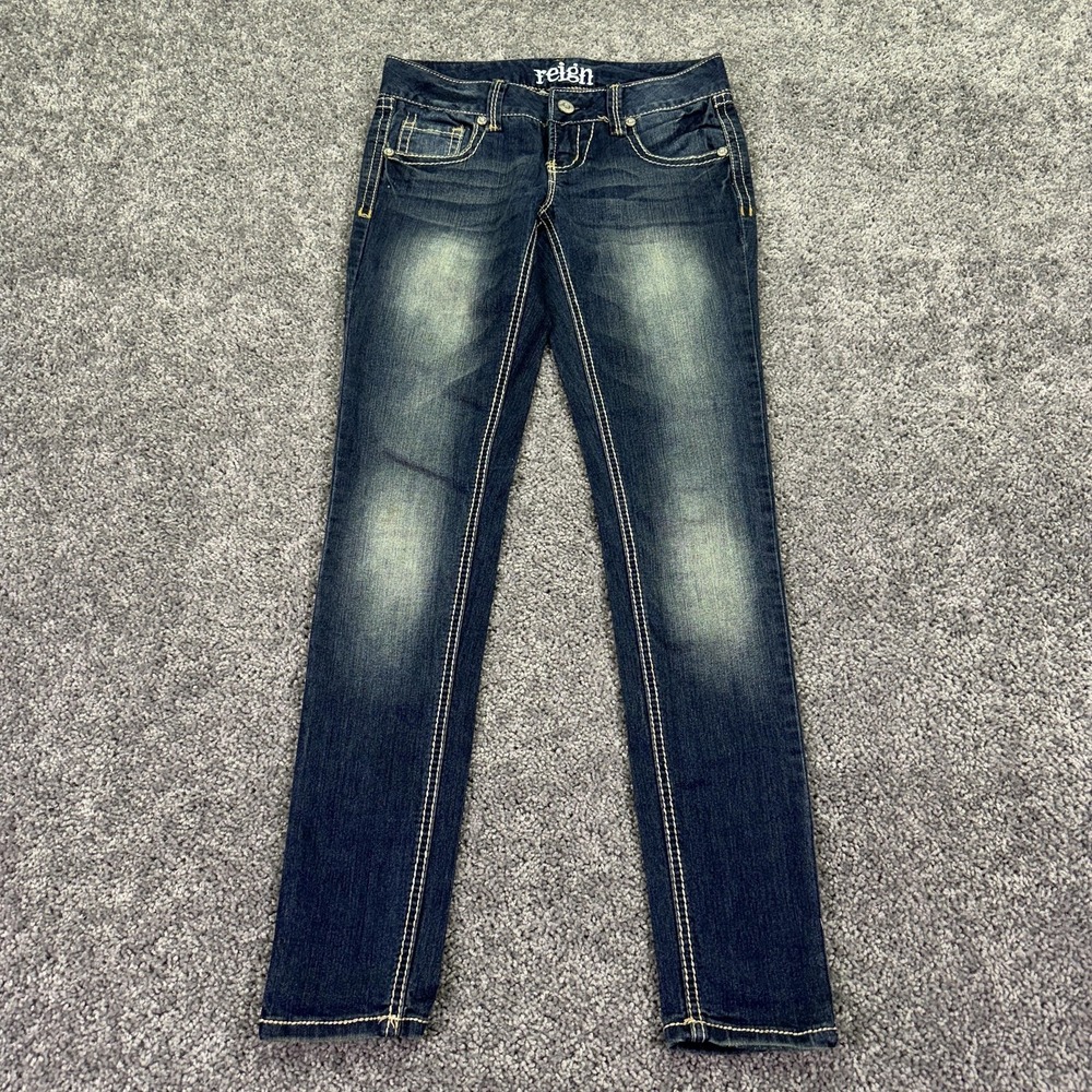 Reign Jeans Womens 3 Blue Lowrise Skinny Stretch Denim Dark Wash Embroidered